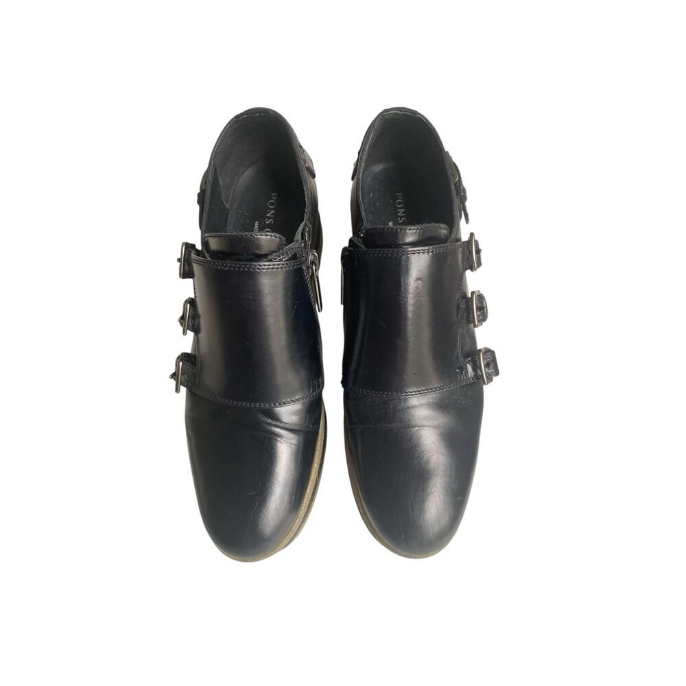 Pons Quintana Black Leather Flat Wedge Shoes Triple Buckle Sz7